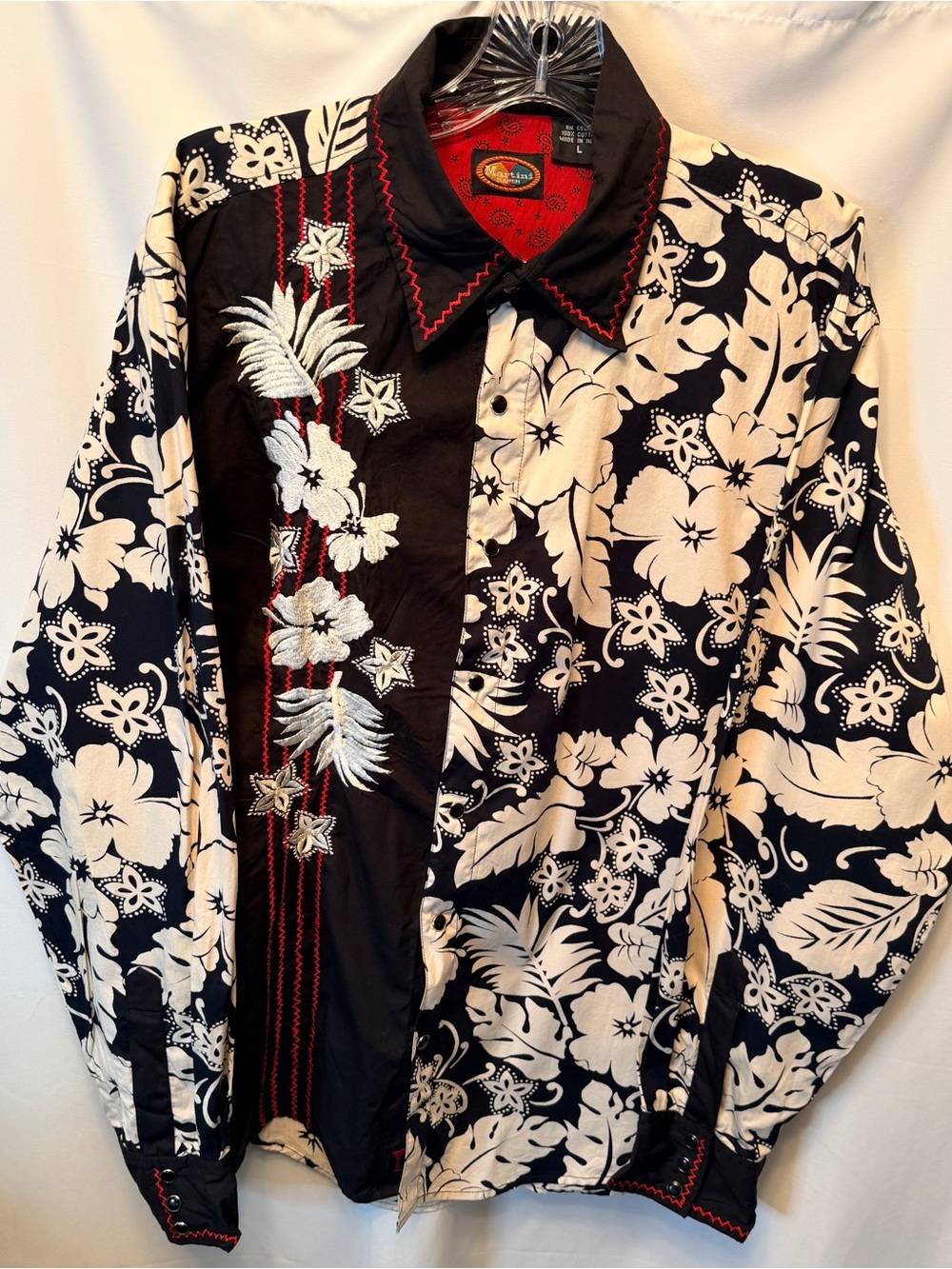 VTG Martini Ranch Size Large Western Hawaiian Pearl Snap Shirt Black White Red